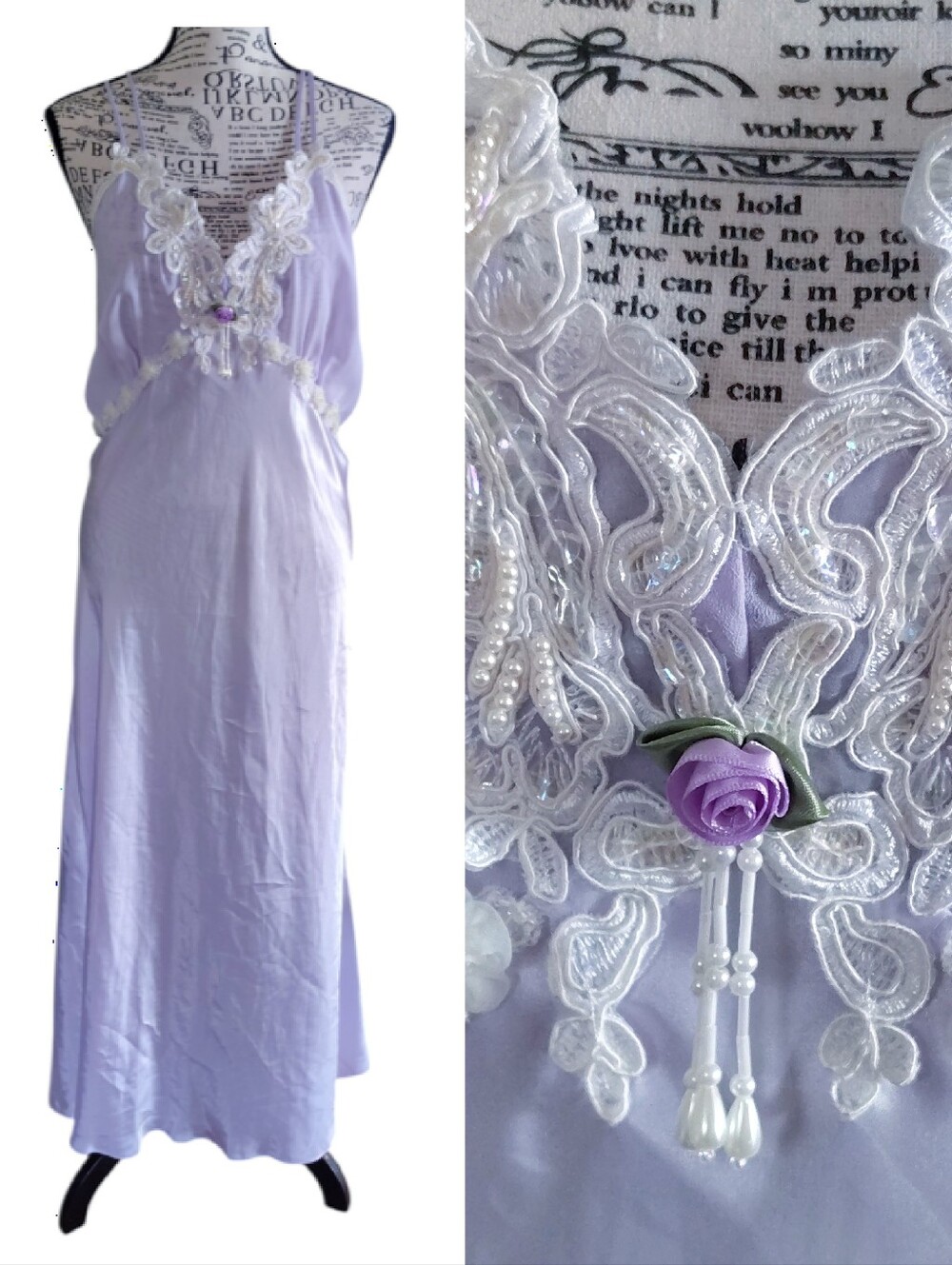 VTG 80s Purple White Beaded Lace Rosette Trim Maxi Slip Dress XXL *XL Glam